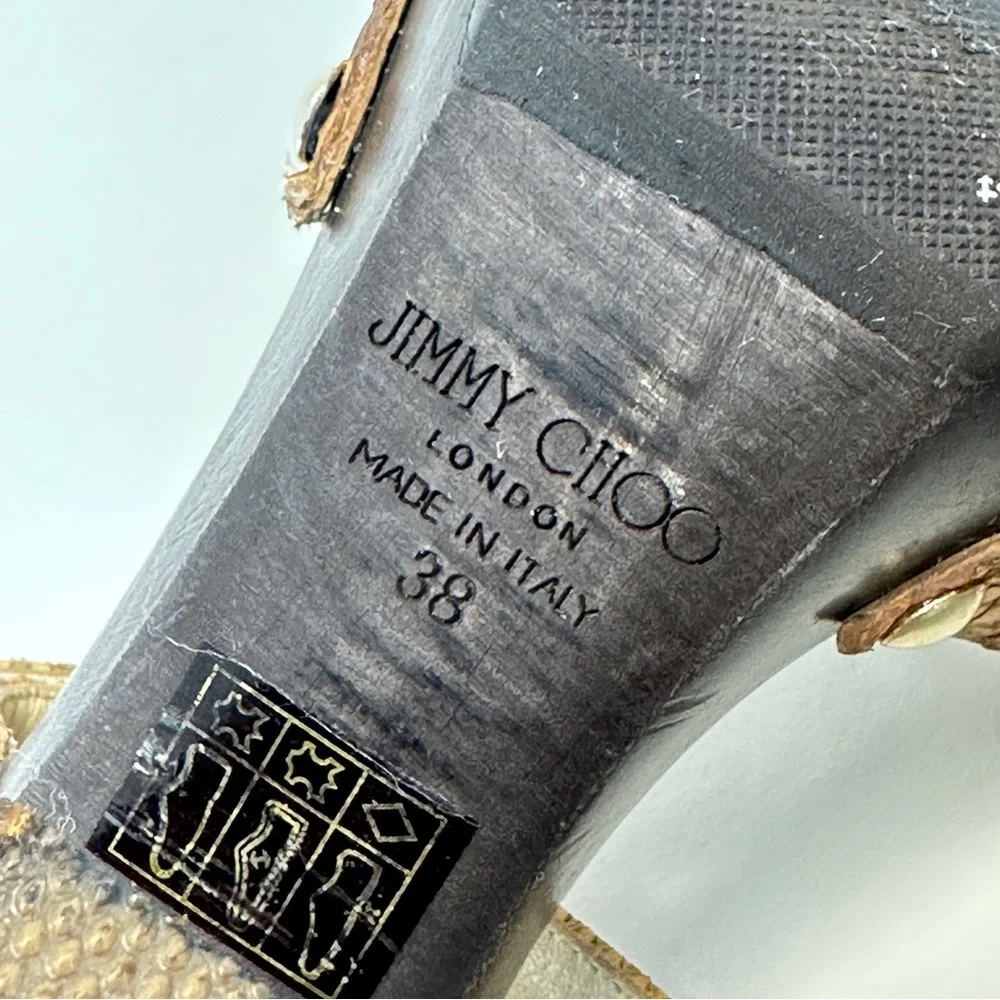 JIMMY CHOO Leather Snake Embossed Tan and Brown Wood High Heels. Size 38 US 8 - Picture 12 of 15